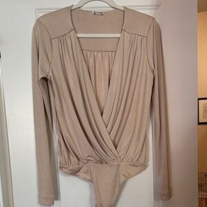 Free People Beige Long Sleeve Bodysuit